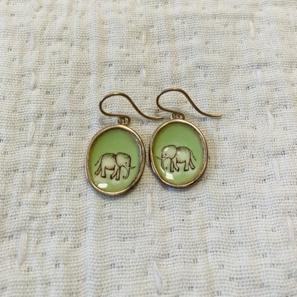 Handmade Green Enamel and Silver Elephant Earrings - Picture 1 of 4